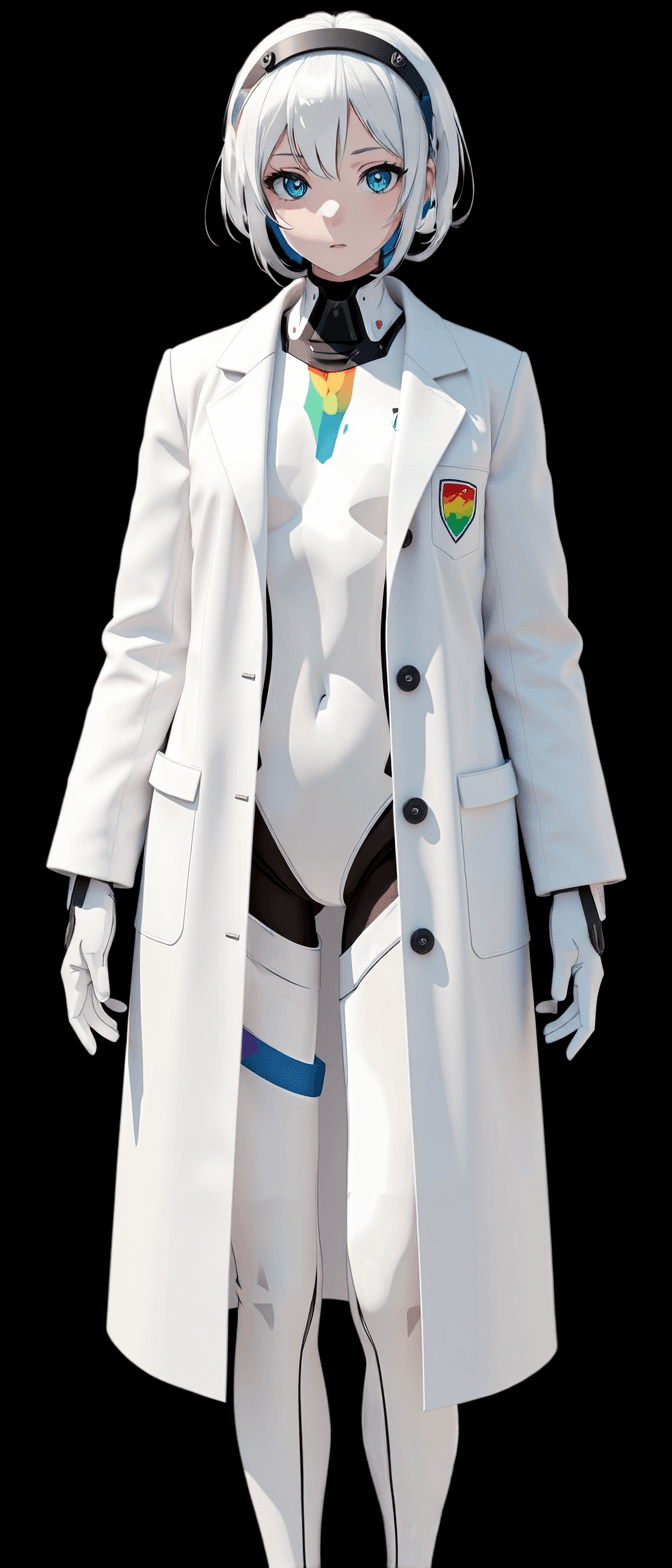Zelfie — a humanoid android in a lab coat. Rainbow accents along the neck and limbs.